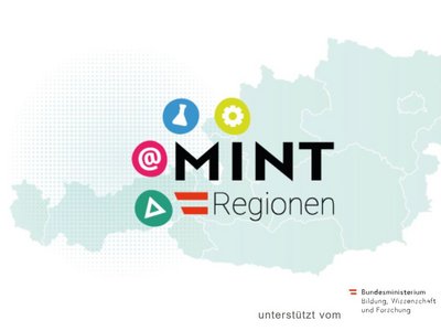 Umriss Österreichs mit dem Logo des MINT-Regionen-Siegels darüber