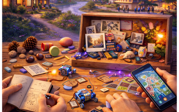 Tisch und Box mit kleinen Erinnerungen 