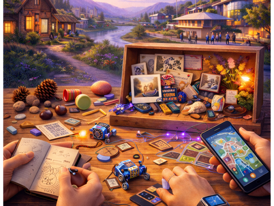 Tisch und Box mit kleinen Erinnerungen 