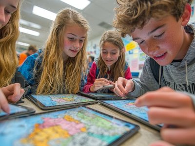 Schüler:innen lernen an Tablett