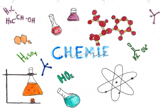 Gemaltes Bild von Schüler/in: Chemie als Schriftzug und Icons