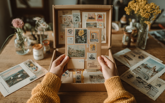 Alte Postkarten und ein paar Sträuße mit getrockneten Blumen