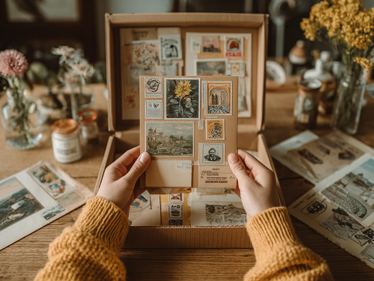 Alte Postkarten und ein paar Sträuße mit getrockneten Blumen