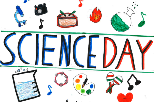 Gemaltes Bild einer Schülerin/eines Schülers: Schriftzug Science Day und Icons