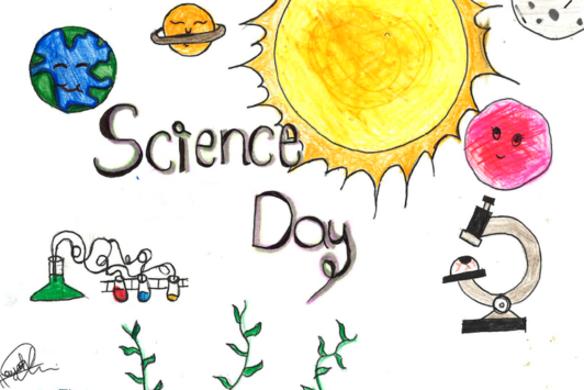Gemaltes Bild einer Schülerin/eines Schülers: Schriftzug Science Day und Icons