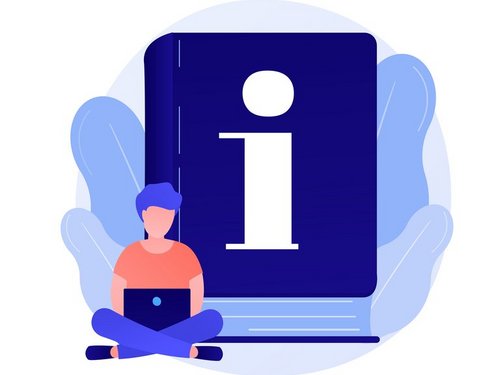 Mensch sitzt mit einem Laptop vor einem großen I für Information