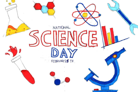 Gemaltes Bild einer Schülerin/eines Schülers: Schriftzug Science Day und Icons