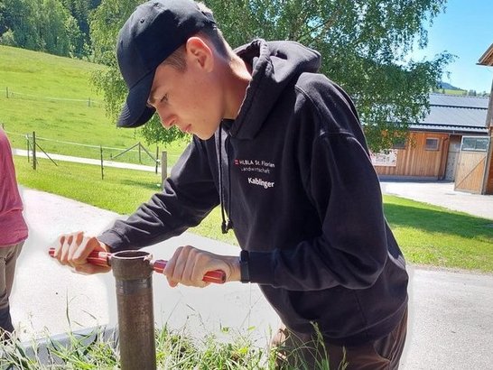 Ein Schüler misst im Gras