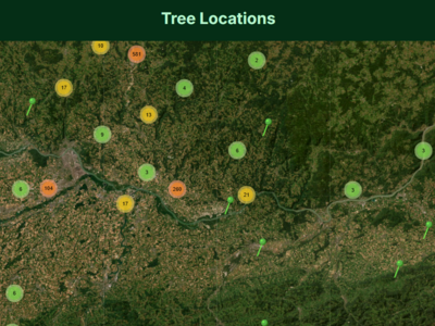 Screenshot aus der Tree-Quest-App, die auf einer Karte die Messpunkte von Bäumen zeigt
