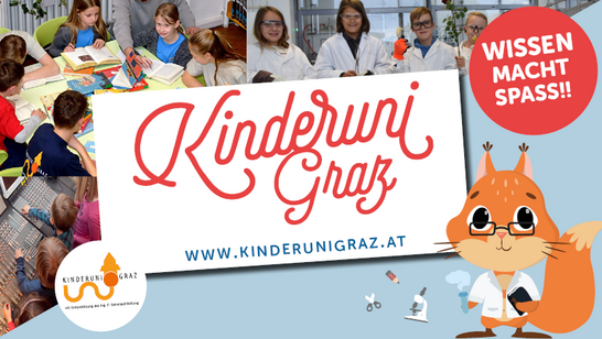 Banner der Kinderuni Graz, im Hintergrund forschende Kinder