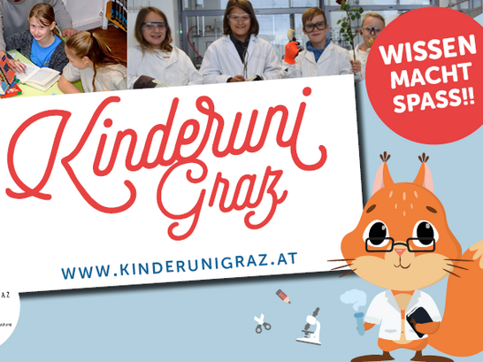 Banner der Kinderuni Graz, im Hintergrund forschende Kinder
