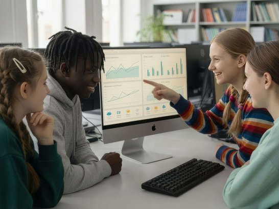 Junge Menschen betrachten und zeigen auf eine Grafik an einem PC