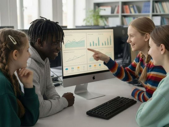 Junge Menschen betrachten und zeigen auf eine Grafik an einem PC