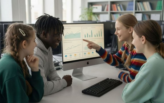 Junge Menschen betrachten und zeigen auf eine Grafik an einem PC