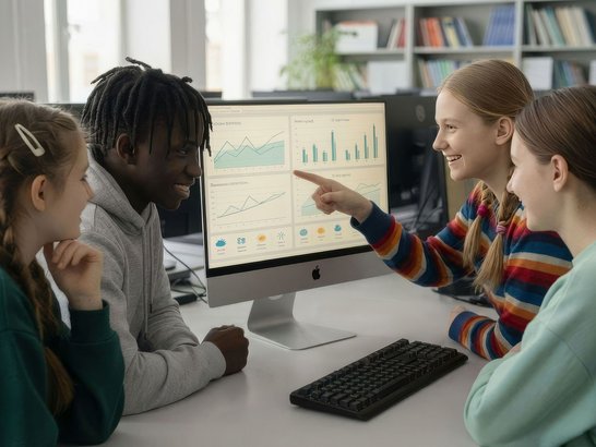 Junge Menschen betrachten und zeigen auf eine Grafik an einem PC