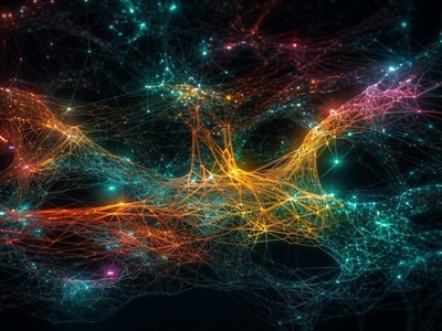 Glowing fractal shapes illuminate dark space generated by AI Bild Cluster