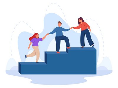 Help and support to climbing employee from mentor or leader hand Drei Personen helfen einander beim Steigen auf Stufen