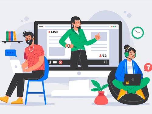 Mehrere Personen sitzen vor einem Laptop bei einem Webinar