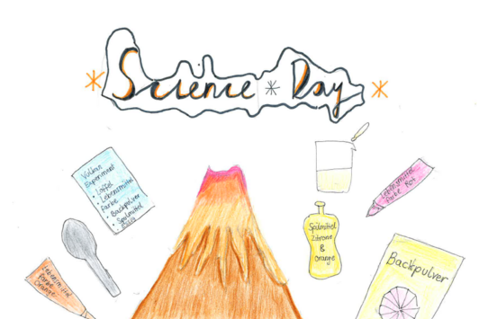 Gemaltes Bild einer Schülerin/eines Schülers: Schriftzug Science Day und Icons